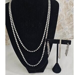 Rhinestone Crystal Jewelry Set: Double Layer Necklace Dangle Earrings & Bracelet